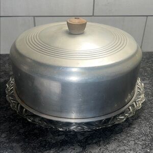 Aluminum Cake Dish and Dome with Wooden Knob.